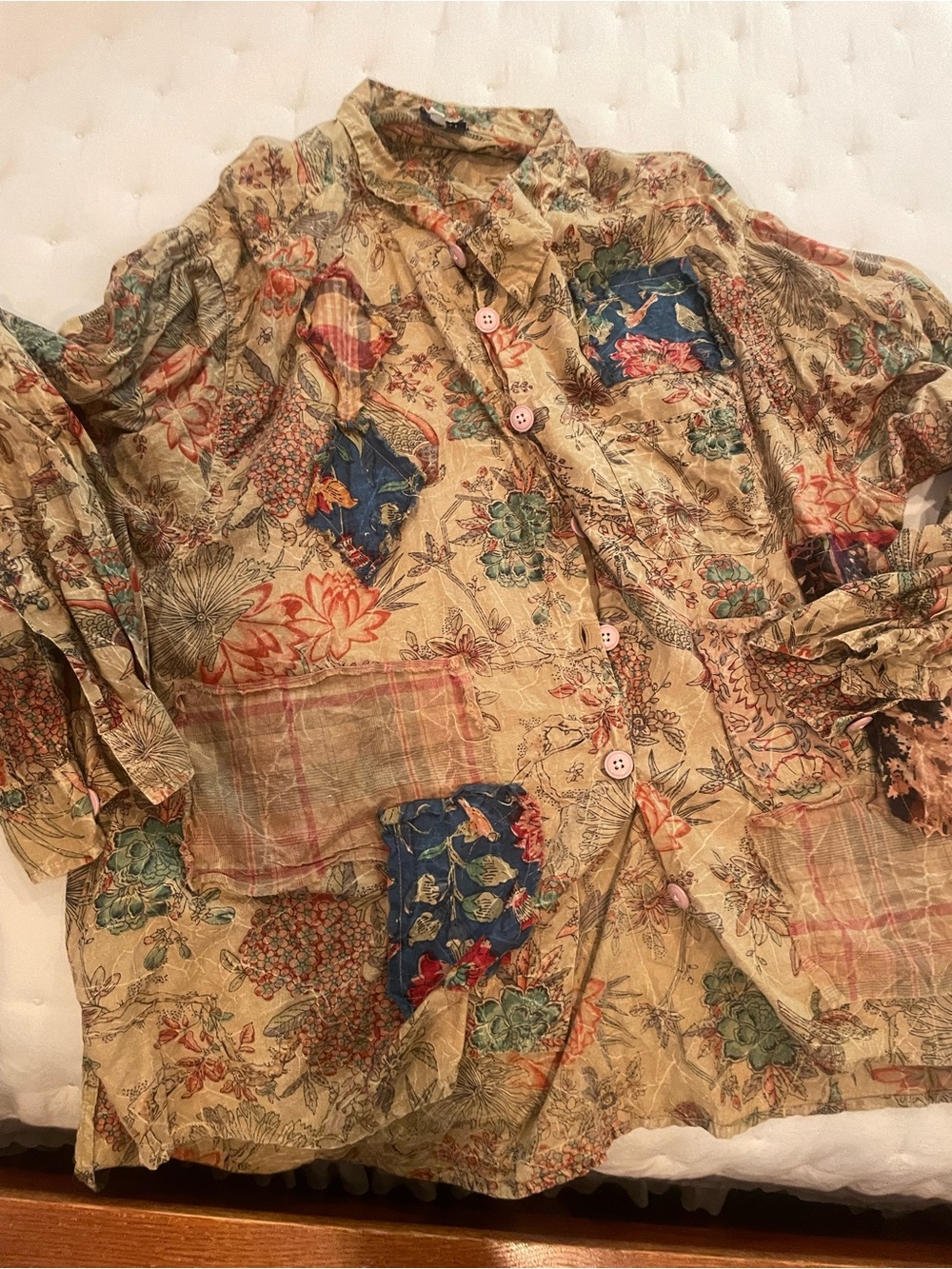 Jaded Gypsy  Floral Patchwork Button-Up - Beige with Coral & Teal Accents. L/XL - Picture 2 of 3